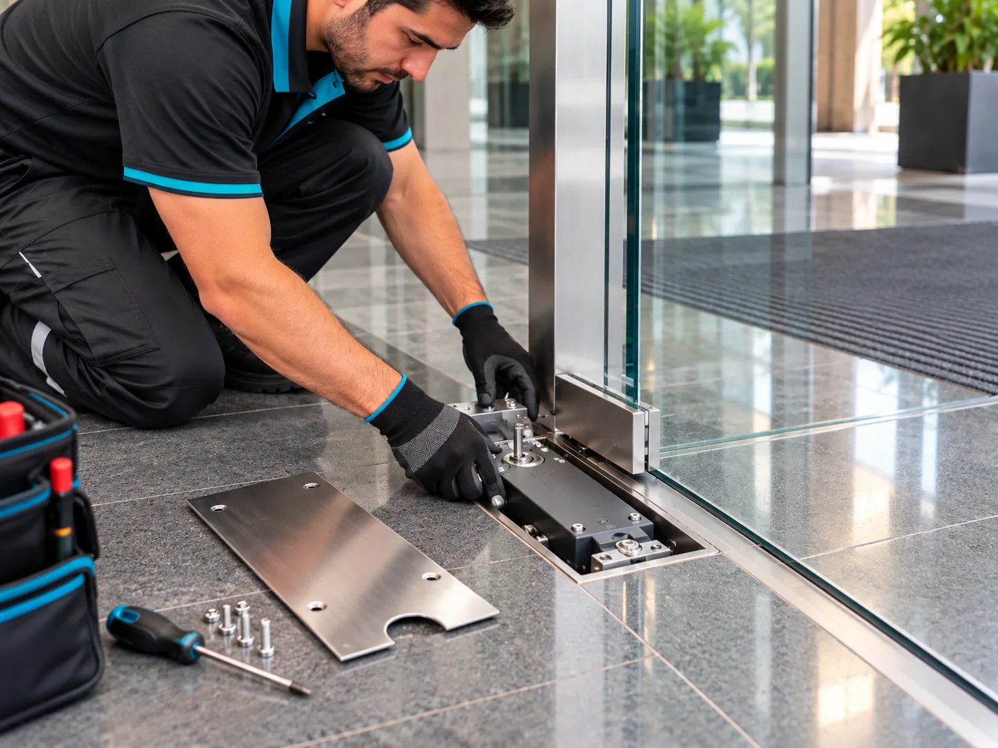Ilustración de técnico reemplazando un quicio hidráulico empotrado para puerta comercial de vidrio
