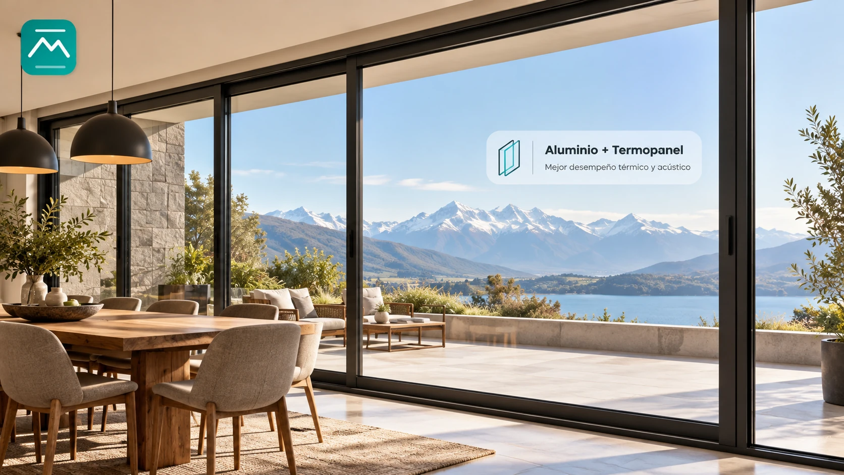 Ventanal de aluminio negro con opción Termopanel y vista a los Andes