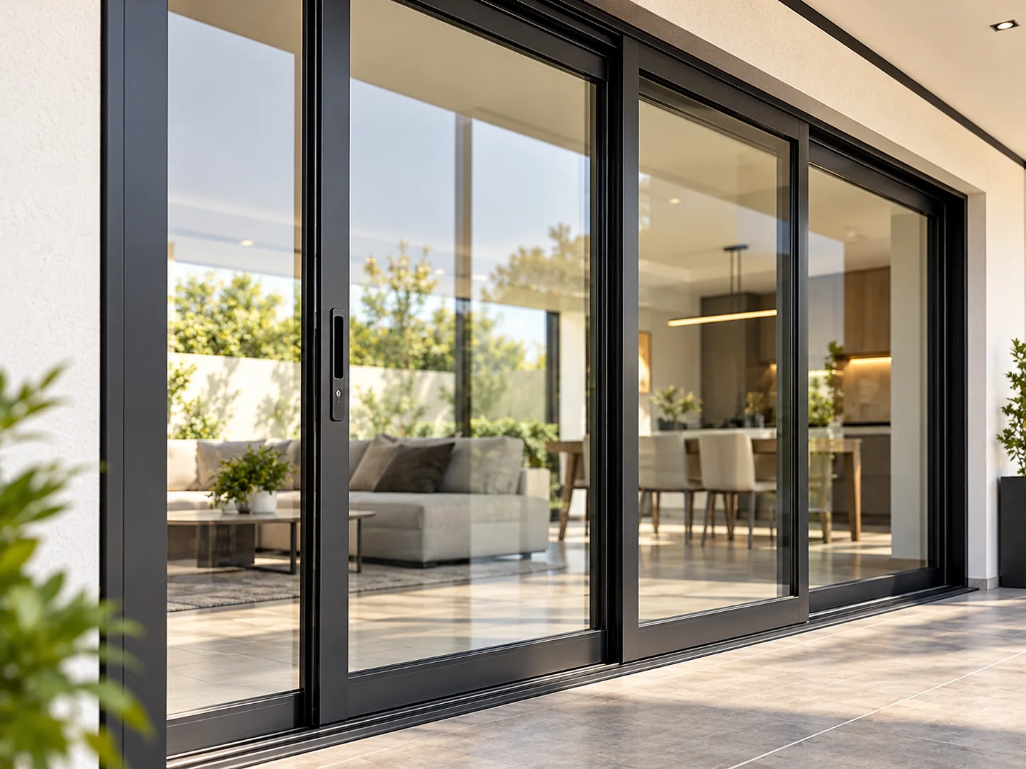 Ventana de aluminio corredera negra instalada en vivienda moderna