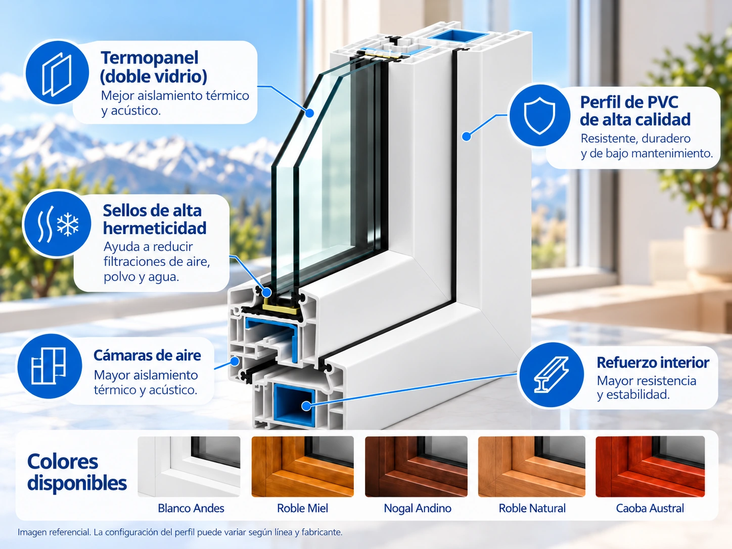 Perfil de ventana PVC con Termopanel, cámaras de aire y colores referenciales