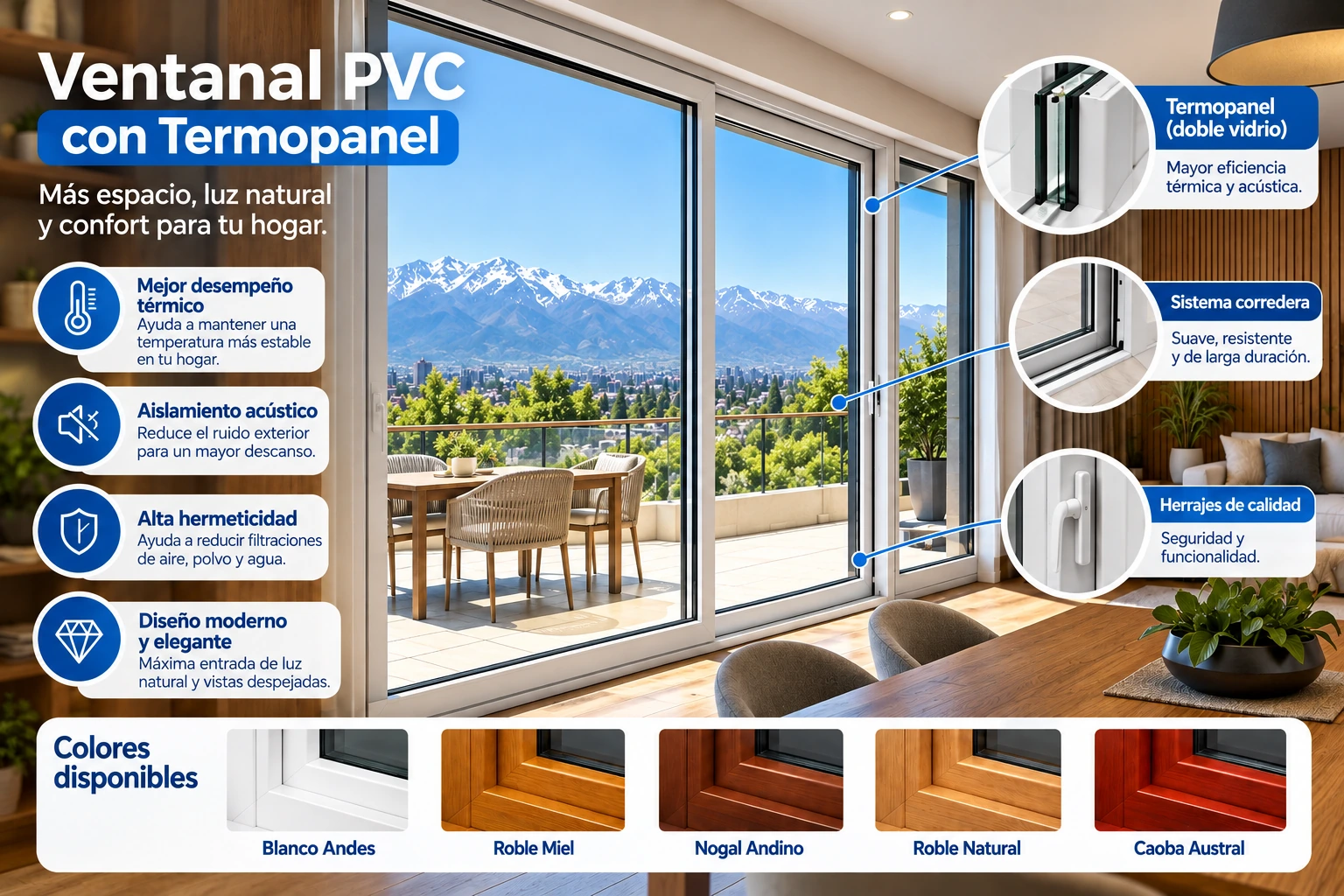 Ventanal PVC con Termopanel de doble vidrio y colores disponibles