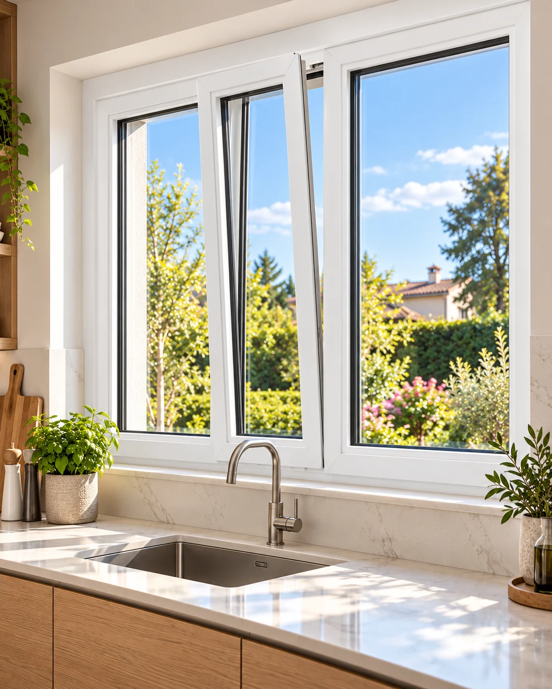 Ventana PVC proyectante o abatible abierta en cocina